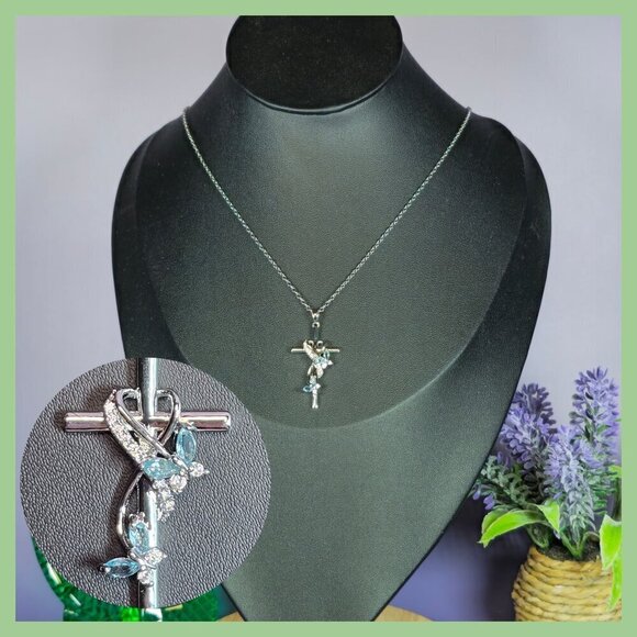 Silver Cross Necklace With Blue Butterflies (NWOT) - Picture 1 of 5